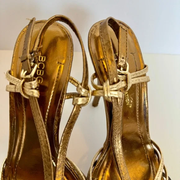 BCBG Gold Strappy Cork Platform Heels, Size 7 - Picture 9 of 11